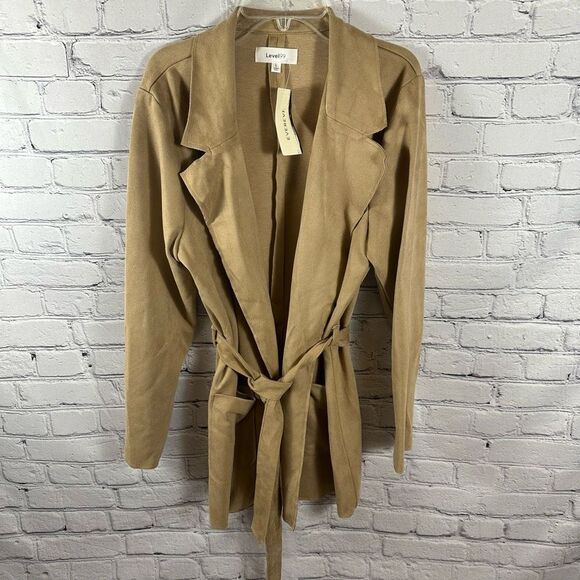Level 99 Evereve Wrap Jacket Cardigan Faux Suede Open Front Belt Tie Camel L NWT - Picture 2 of 8